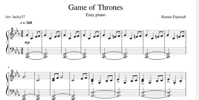 ноты для фортепиано игра престолов главная тема - легкая версия нот