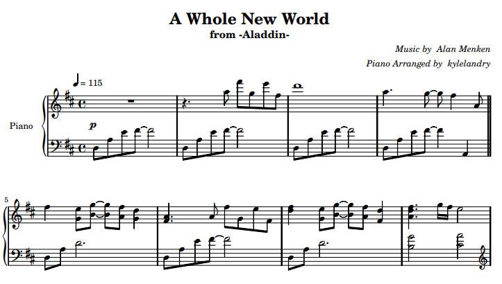 ноты песни A Whole New World для фортепиано из фильма Аладдин